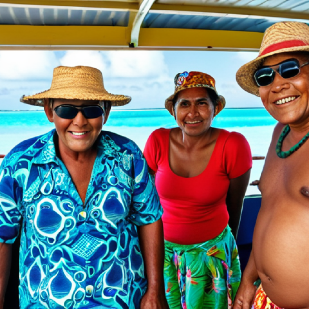A vibrant scene on a local ferry in Kiribati. Focus on the mix of locals, their colorful clothing, and the beautiful ocean view in the background. Some should be tasting local food, some chatting and some are wearing sunglasses and hats.