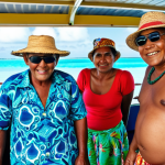 A vibrant scene on a local ferry in Kiribati. Focus on the mix of locals, their colorful clothing, and the beautiful ocean view in the background. Some should be tasting local food, some chatting and some are wearing sunglasses and hats.