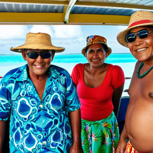 A vibrant scene on a local ferry in Kiribati. Focus on the mix of locals, their colorful clothing, and the beautiful ocean view in the background. Some should be tasting local food, some chatting and some are wearing sunglasses and hats.